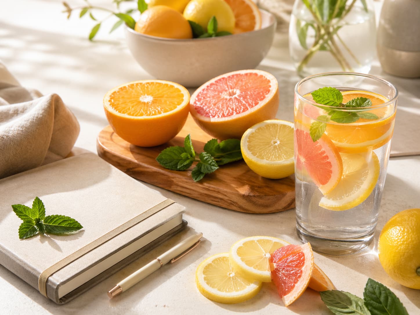 Citrus water, orange slices, mint and wellness journal