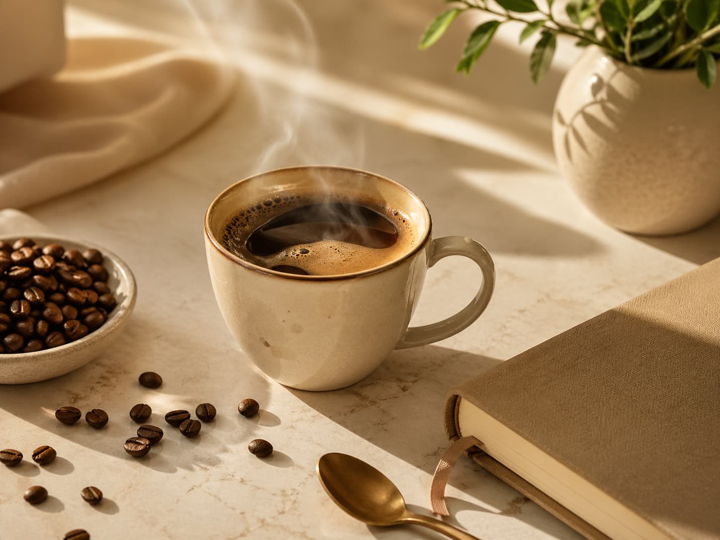 Morning coffee with beans and journal