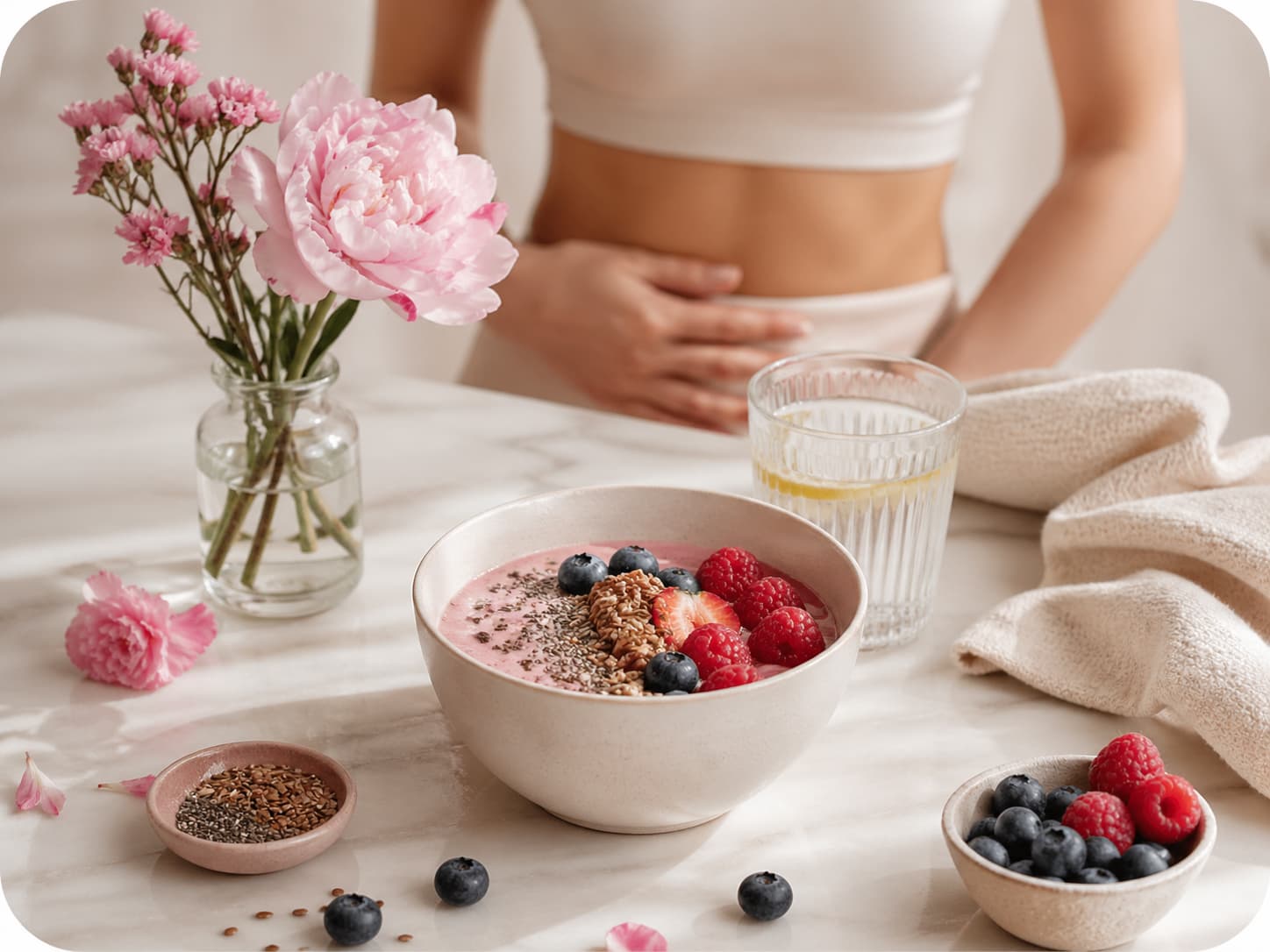 Beauty from within setup with berries, yogurt and flowers
